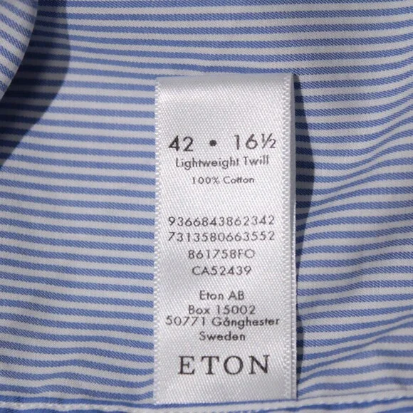Eton NWT Casual Button Down Shirt Size 42 16.5 L Contemporary Fit Blue Stripes